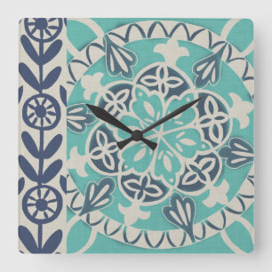 Blue Batik Tile I Square Wall Clock