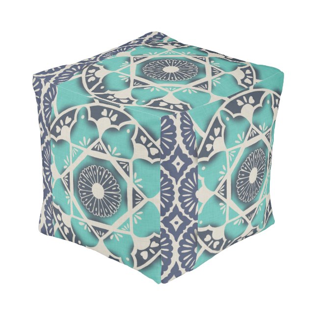 Blue Batik Tile II Pouf (Angled Front)