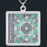 Blue Batik Tile II Silver Plated Necklace<br><div class="desc">Floral</div>