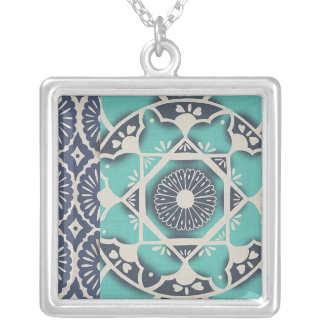 Blue Batik Tile II Silver Plated Necklace (Front)