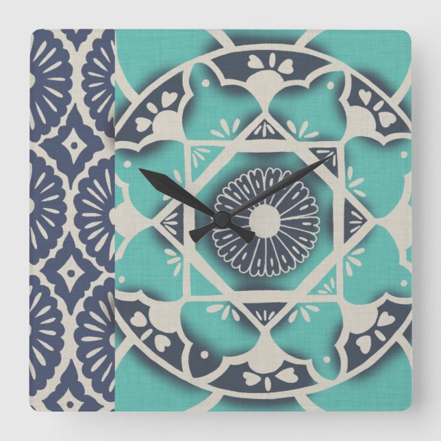 Blue Batik Tile II Square Wall Clock (Front)