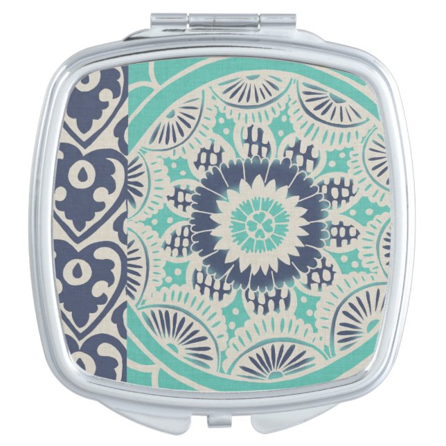 Blue Batik Tile III Compact Mirror (Front)