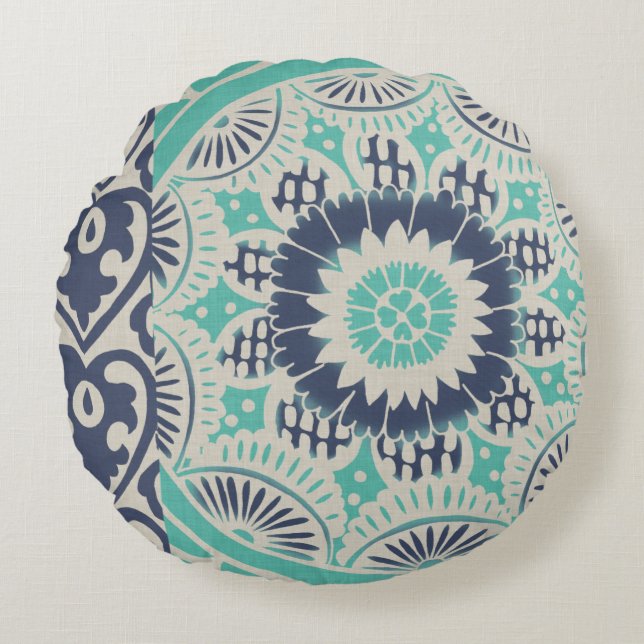 Blue Batik Tile III Round Pillow (Front)