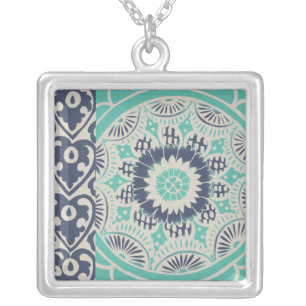 Blue Batik Tile III Silver Plated Necklace