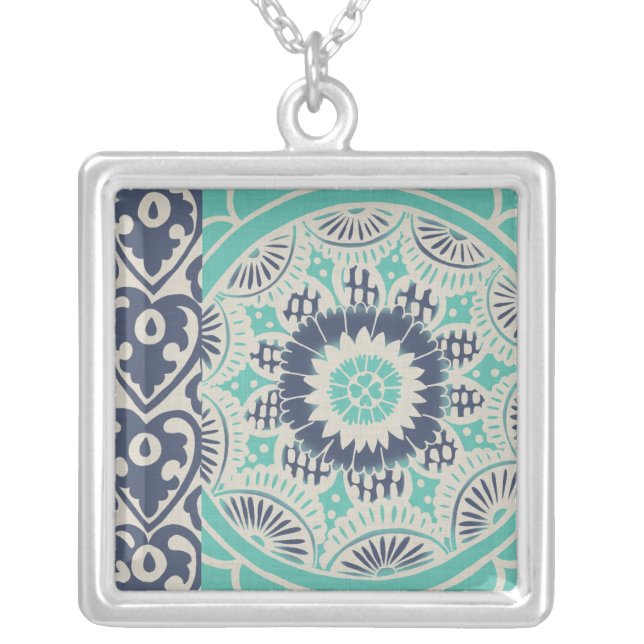 Blue Batik Tile III Silver Plated Necklace (Front)