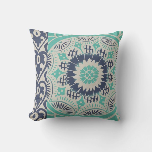 Blue Batik Tile III Throw Pillow (Front)