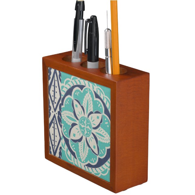 Blue Batik Tile IV Desk Organizer (In Situ)