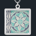 Blue Batik Tile IV Silver Plated Necklace<br><div class="desc">Floral</div>