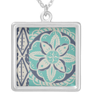 Blue Batik Tile IV Silver Plated Necklace