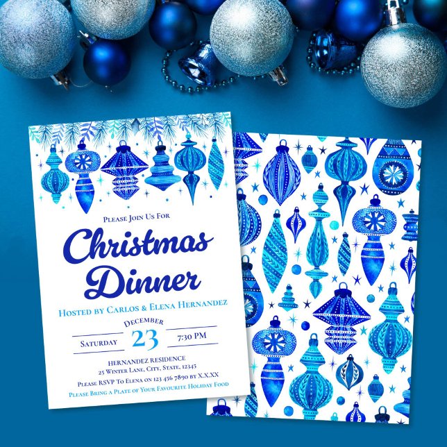 Blue Baubles Christmas Dinner Watercolor Invitation (Blue Baubles Christmas Dinner Watercolor Invitation)