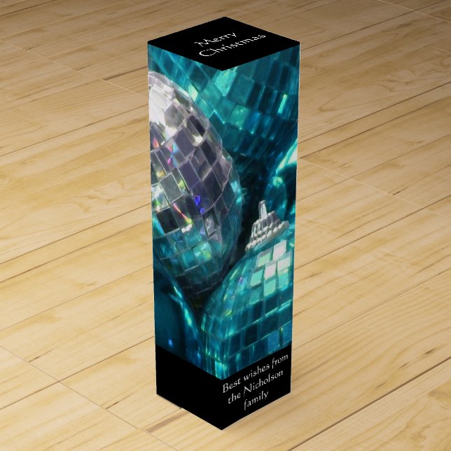 Blue Baubles Text wine gift box black (Front)