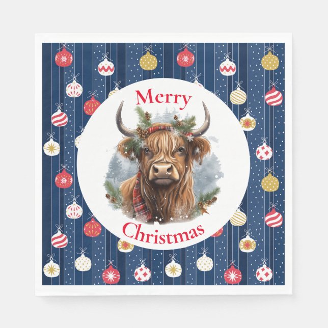 Blue Baulables Christmas Highlander Cow Napkins (Front)