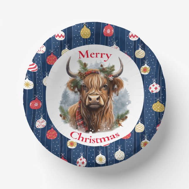 Blue Baulables Christmas Highlander Cow Paper Bowls (Front)