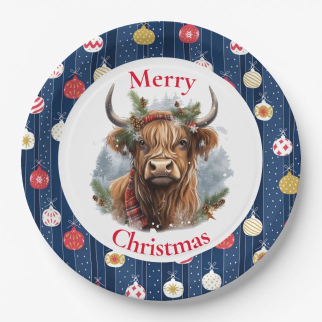 Blue Baulables Christmas Highlander Cow Paper Plates (Front)