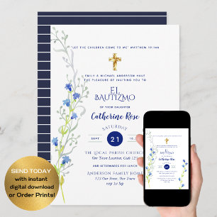 Blue Bautizo Bautismo Floral Laves Catholic Cross Invitation
