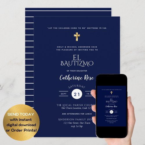 Blue Bautizo Bautismo Floral Laves Catholic Cross Invitation