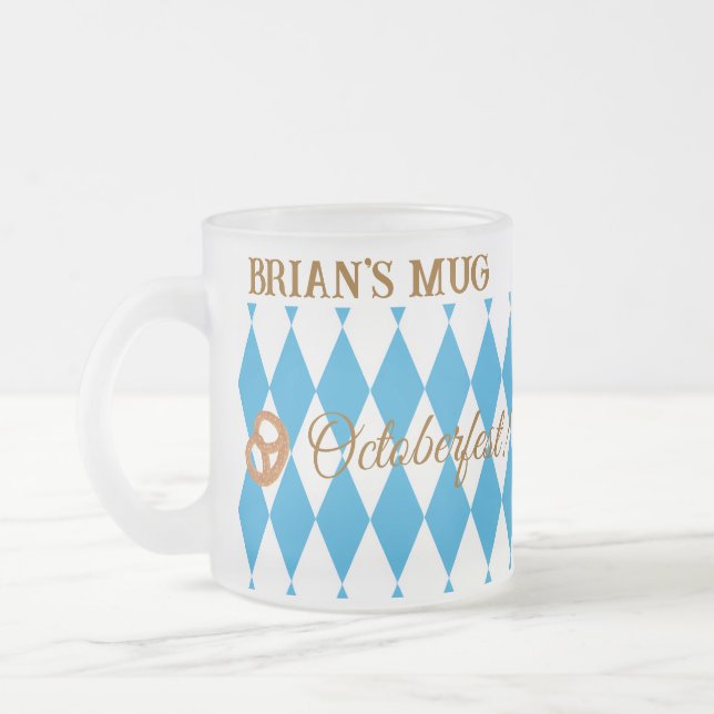Blue Bavarian Octoberfest Pretzel PERSONALIZE BEER Frosted Glass Coffee Mug (Left)