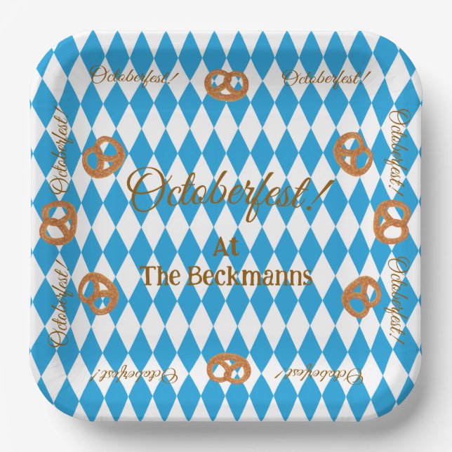 Blue Bavarian Octoberfest Pretzels Personalize Paper Plates (Front)