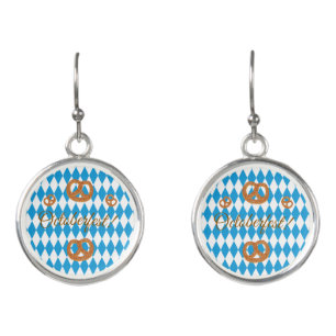 Blue Bavarian Octoberfest Pretzels Personalize Rnd Earrings