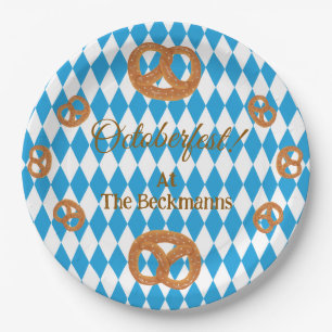 Blue Bavarian Octoberfest Pretzels Personalize Rnd Paper Plates