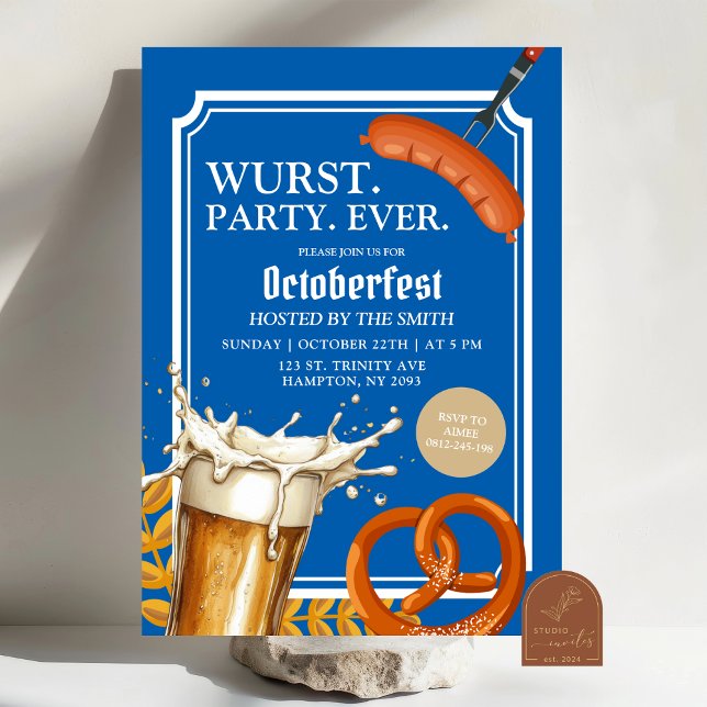 Blue Bavarian Wurst Beer & Pretzel Oktoberfest Invitation (Creator Uploaded)