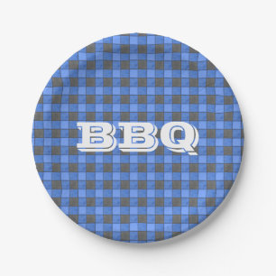 Blue BBQ Monogram Check Small Paper Plate