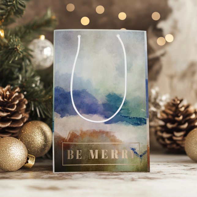Blue Be Merry Holiday  Medium Gift Bag (Be Merry Watercolor Gift Bag)