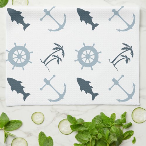 Blue Beach Anchors Palm Trees Kitchen Towel