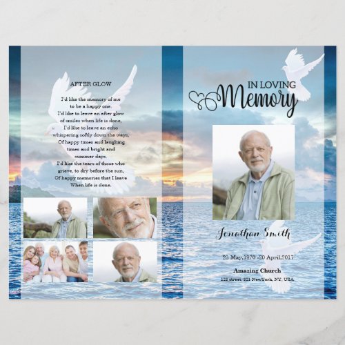 Blue beach and dove Funeral Program template