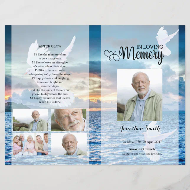 Blue beach and dove Funeral Program template | Zazzle