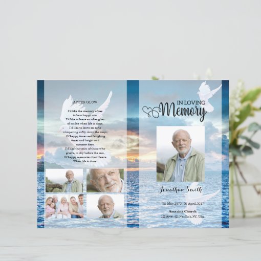 Blue beach and dove Funeral Program template | Zazzle