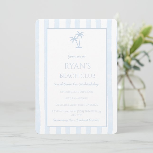 Blue Beach Club 1st Birthday Boy Stripes Invitation (Standing Front)