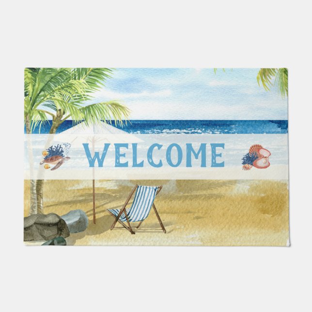 Blue Beach Coastal Ocean Welcome Doormat (Front)