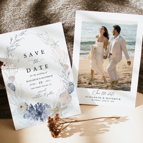 Blue Beach Coastal Seashell Photo Wedding Save The Date
