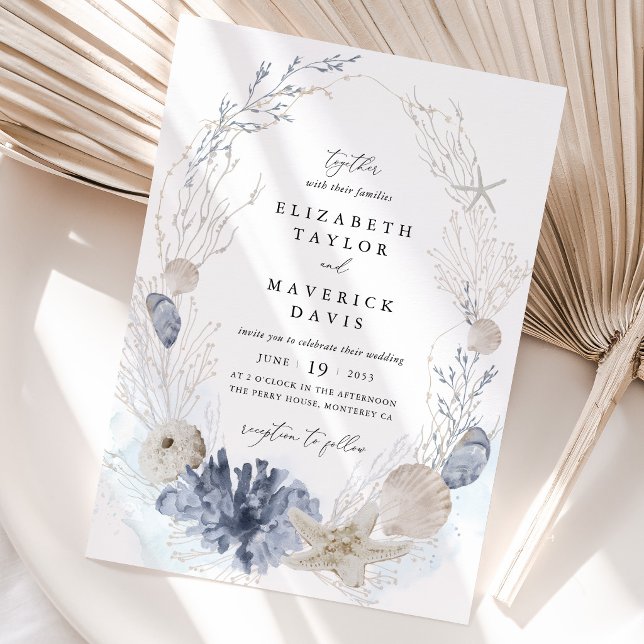 Blue Beach Coastal Seashell Wedding Invitation (Beach Wedding Invitation Blue Coastal Seashell Invitation Ocean Destination Wedding Card)
