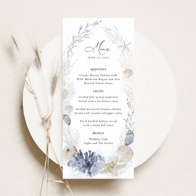 Blue Beach Coastal Seashell Wedding Reception Menu (Blue coastal wedding menu beach menu card seashell elegant destination wedding stationery)