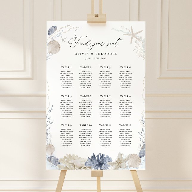 Blue Beach Coastal Wedding Seating Chart Sign (Blue beach coastal wedding seating chart sign elegant dusty blue seashell décor reception sign)