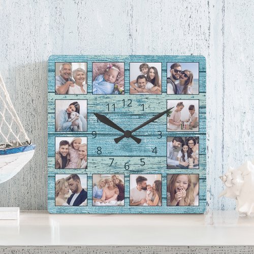 Blue Beach Driftwood Planks Rustic Nautical Square Wall Clock