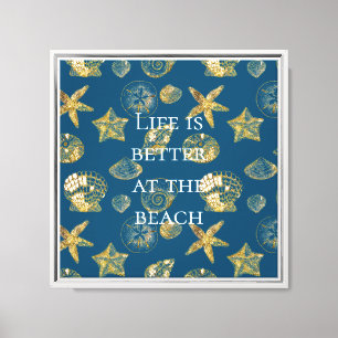 Blue Beach Gold Sea Shells Canvas Print