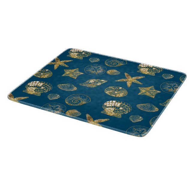 Blue Beach Gold Sea Shells Cutting Board (Corner)