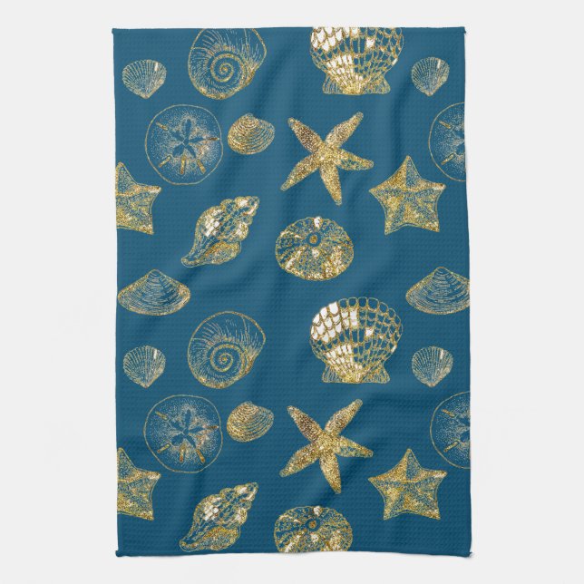 Blue Beach Gold Sea Shells Kitchen Towel (Vertical)