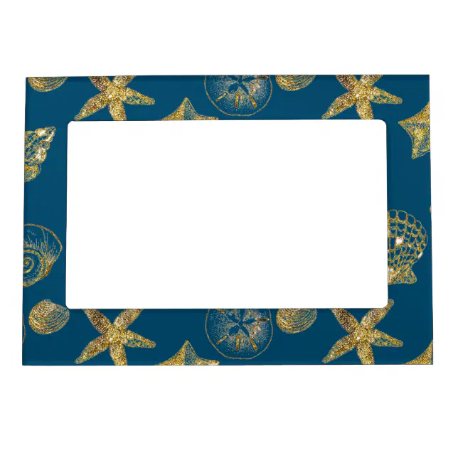 Blue Beach Gold Sea Shells Magnetic Frame | Zazzle