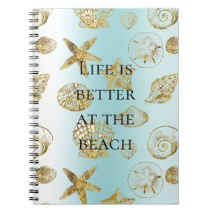 Blue Beach Gold Sea Shells Notebook