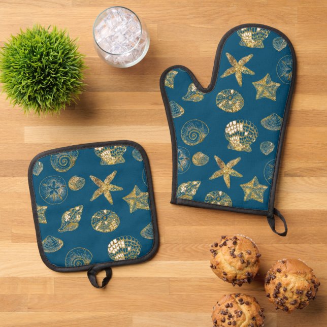 Blue Beach Gold Sea Shells Oven Mitt & Pot Holder Set (Top Down)