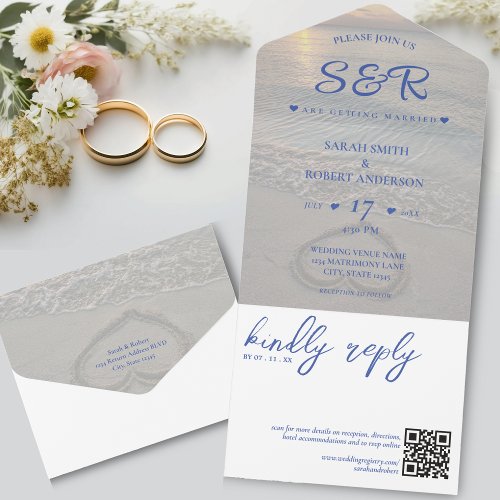 Blue Beach Heart QR Code Wedding All In One Invitation