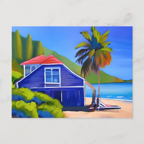 Blue Beach House and Palm Tree  Keeping in Touch Postcard