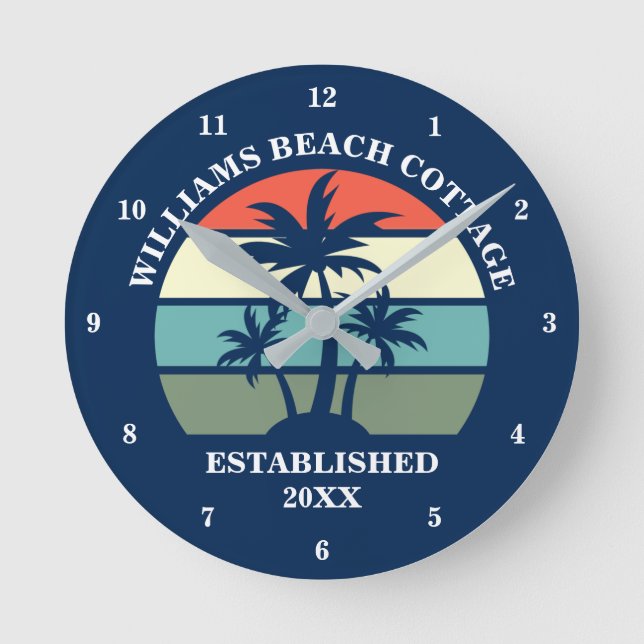 Blue Beach House Palm Tree Island Home Custom Round Clock (Front)