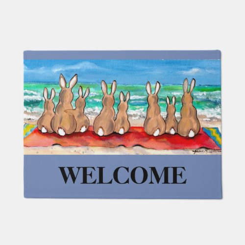 Blue Beach House Rabbit Welcome Mat Personalized