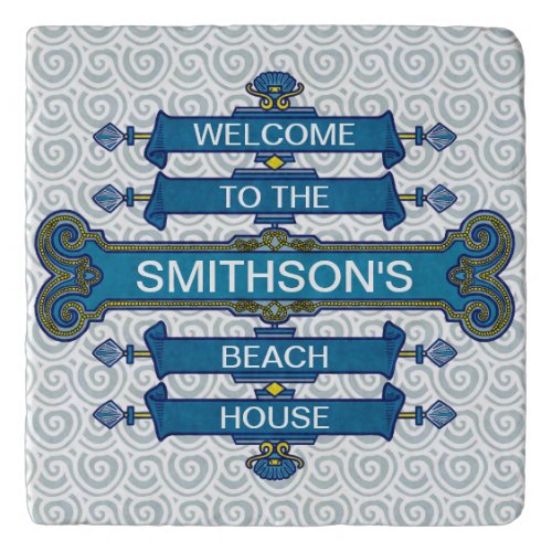 Blue Beach House Sign with Scallop Swirls Custom Trivet
