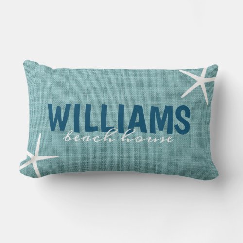 Blue beach house starfish custom name lumbar pillow